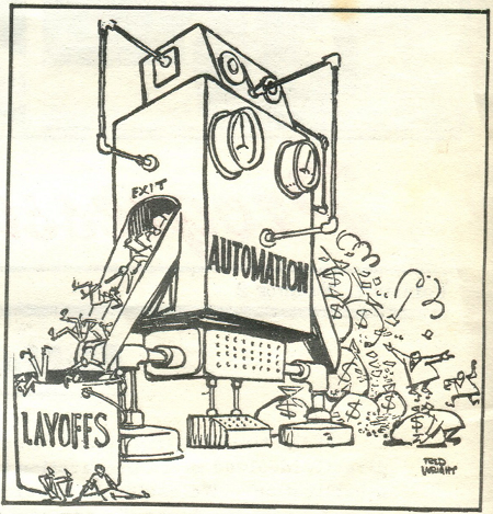 cartoon of a machine creating profits and layoffs
